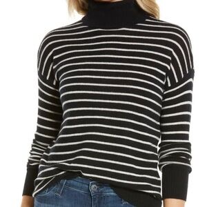 Halogen® Cashmere Turtleneck Sweater in BLACK-IVORY JOSEPHINE STRIPE size L EUC
